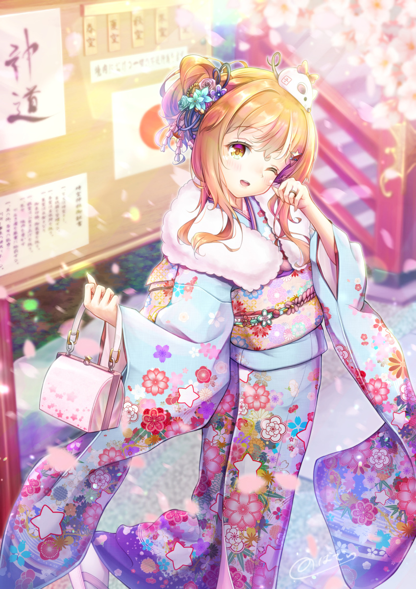 1boy :d ;d bag bangs blue_kimono cherry_blossoms crossdressinging day eyebrows_visible_through_hair floral_print flower furisode geta hair_flower hair_ornament handbag highres japanese_clothes jewelry kimono light_rays long_sleeves looking_at_viewer new_year nobady obi one_eye_closed open_mouth orange_eyes orange_hair original otoko_no_ko outdoors petals ring sash smile solo standing star star_hair_ornament tabi trap wide_sleeves wink