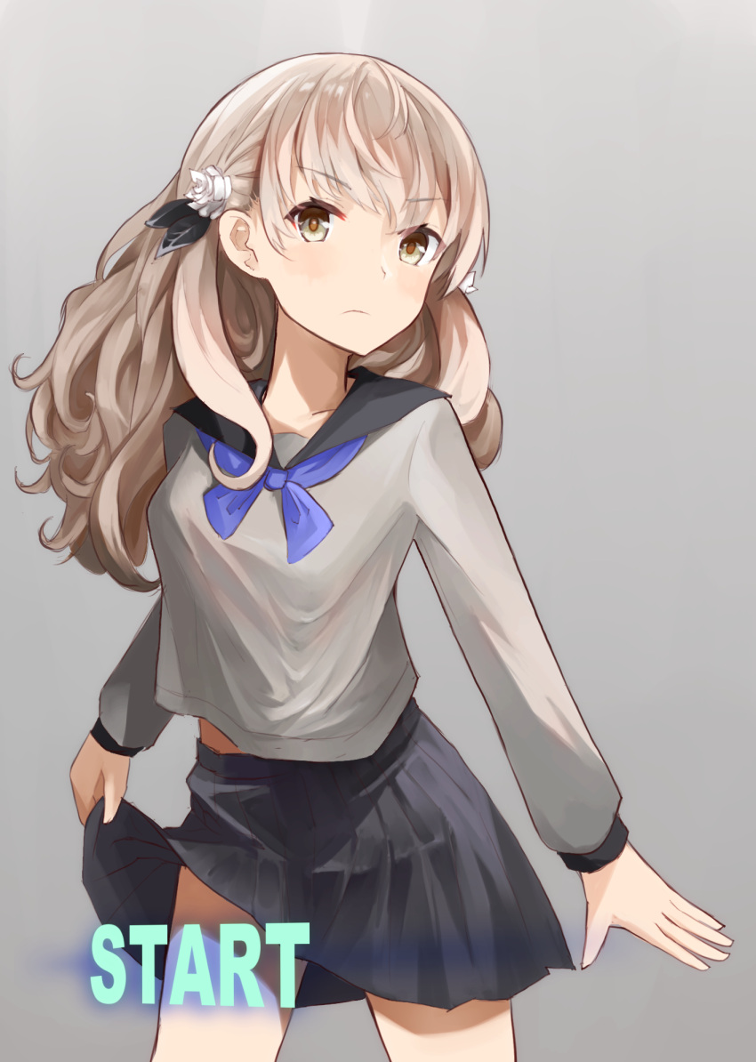 1girl brown_eyes flower frown fuyusaka_iori grey_background grey_shirt hair_flower hair_ornament highres juusan_kihei_bouei_ken light_brown_hair long_hair long_sleeves onkyi school_uniform serafuku shirt simple_background skirt