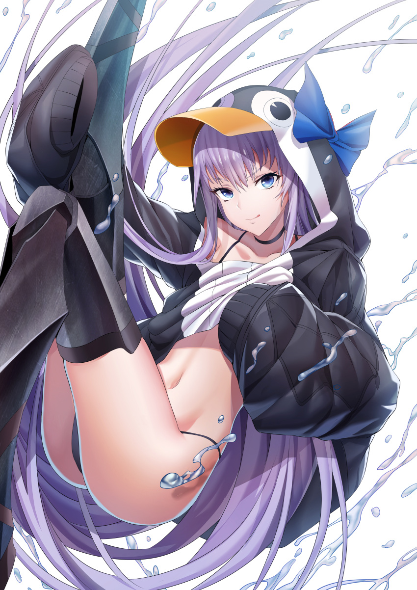 1girl :q absurdres animal_hood arm_up bangs bikini bikini_under_clothes black_bikini black_choker black_jacket blue_bow blue_eyes bow choker closed_mouth collarbone commentary_request eyebrows_visible_through_hair fate/grand_order fate_(series) hair_between_eyes highres hood hood_up hooded_jacket jacket knees_up long_hair long_sleeves looking_at_viewer meltryllis meltryllis_(swimsuit_lancer)_(fate) navel penguin_hood puffy_long_sleeves puffy_sleeves purple_hair revision simple_background sleeves_past_fingers sleeves_past_wrists smile solo swimsuit tongue tongue_out very_long_hair water white_background xo_(xo17800108)