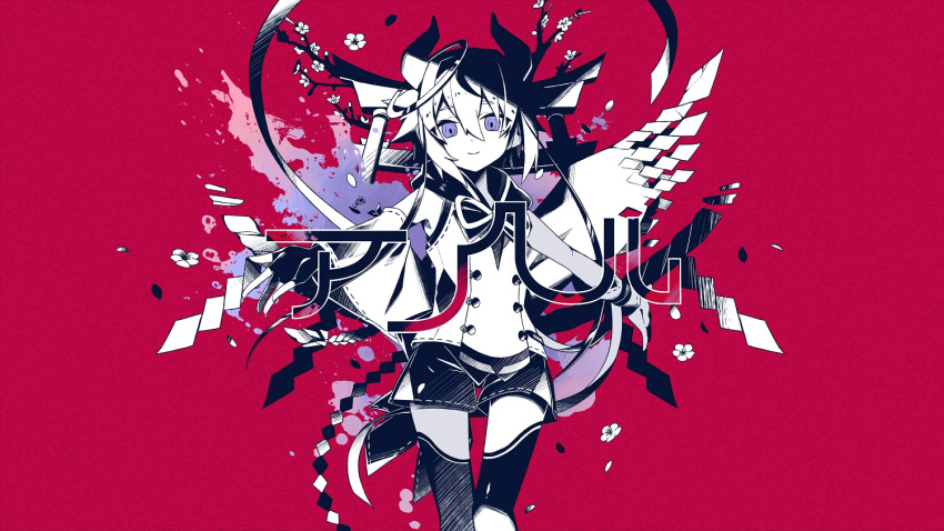 1other angel_(vocaloid) asymmetrical_sleeves braid branch cherry_blossoms commentary cowboy_shot detached_sleeves flower hair_ornament horns japanese_clothes light_smile long_hair looking_at_viewer meika_mikoto neck_ribbon nou outstretched_arms partially_colored petals red_background ribbon rope shide shimenawa short_shorts shorts solo standing thigh-highs torii tsurime very_long_hair violet_eyes vocaloid wide_sleeves
