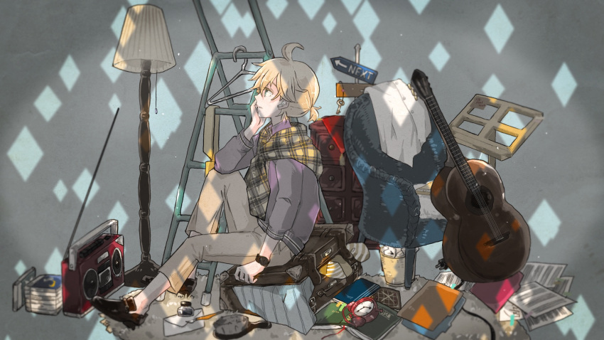 1boy acoustic_guitar ahoge alarm_clock blonde_hair blue_eyes book brush cabinet cable clock clothes_hanger commentary crumpled_paper diamond_(shape) envelope folder from_side guitar hand_on_own_cheek highres ink_bottle ink_pen instrument kagamine_len key knee_up lamp light looking_up male_focus mary_janes music_stand necktie pants parted_lips plaid plaid_scarf purple_shirt radio radio_antenna rug sakanashi scarf sheet_music shirt shoes short_hair short_ponytail signpost sitting suitcase thinking trash_can vocaloid watch watch wide_shot yellow_neckwear