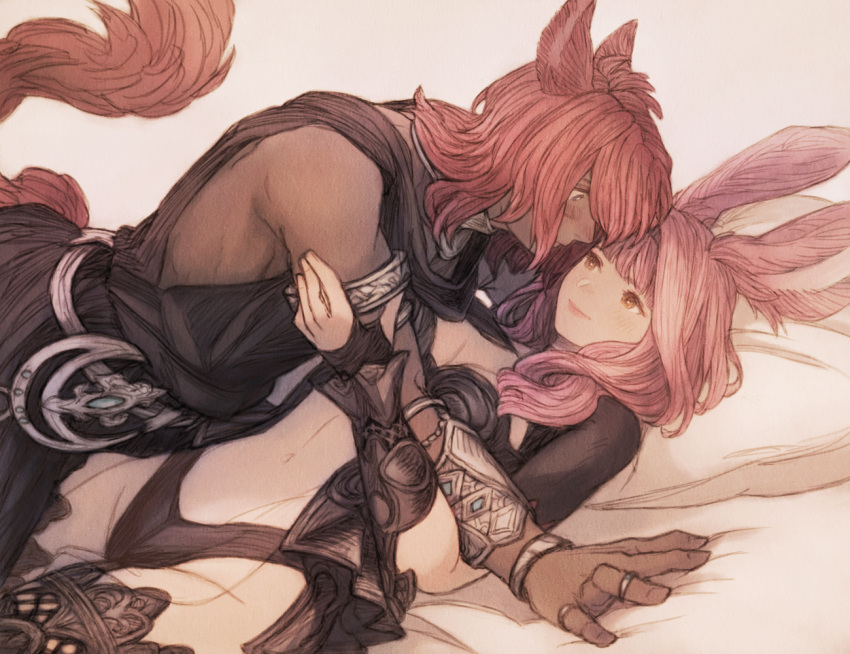 1boy 1girl all_fours animal_ears armlet blue_eyes blush bracelet breasts brown_eyes cat_ears cat_tail dark_skin facial_mark final_fantasy final_fantasy_xiv fingerless_gloves gloves jewelry long_hair looking_at_another lying maekakekamen medium_breasts miqo'te navel on_back pink_hair redhead revealing_clothes ring see-through smile tail thigh-highs viera