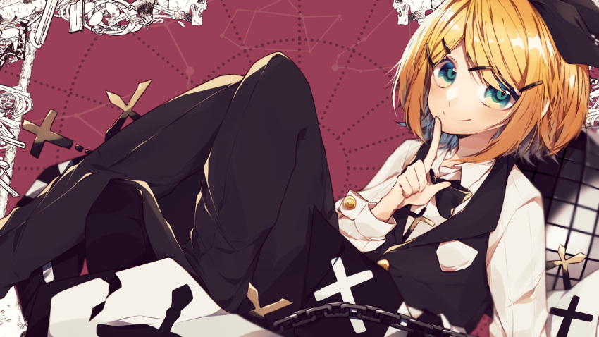 1girl aqua_eyes bangs black_bow black_legwear black_neckwear black_vest blonde_hair bow bowtie chain commentary_request cross cross_necklace cross_print finger_to_mouth hair_bow hair_ornament hairclip highres index_finger_raised jewelry kagamine_rin knees_up looking_at_viewer manya_sora necklace pants shirt short_hair sitting smile solo swept_bangs vest vocaloid white_shirt