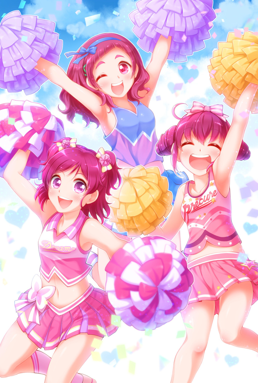 3girls :d ;d absurdres arakawa_tarou arm_up arms_up bangs blue_ribbon blue_shirt blue_skirt bow cheerleader closed_eyes clothes_writing collared_shirt color_connection commentary eyebrows_visible_through_hair facing_viewer hair_bow hair_color_connection hair_ribbon highres holding_pom_poms hoshizora_miyuki hugtto!_precure jumping leg_up long_hair looking_at_viewer midriff miniskirt multiple_girls navel nono_hana one_eye_closed open_mouth pink_bow pink_shirt pink_skirt pleated_skirt precure ribbon series_connection shirt short_hair short_twintails single_horizontal_stripe skirt sleeveless sleeveless_shirt smile smile_precure! standing standing_on_one_leg twintails two_side_up yes!_precure_5 yumehara_nozomi