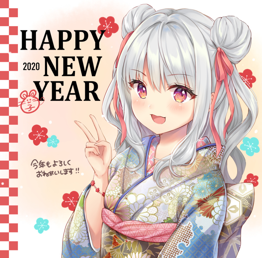 1girl 2020 :d checkered commentary_request double_bun floral_background floral_print furisode hair_ribbon happy_new_year japanese_clothes kimono long_hair long_sleeves nazuna_shizuku nengajou new_year obi open_mouth original print_kimono red_ribbon ribbon sash silver_hair smile solo translation_request upper_body v wide_sleeves