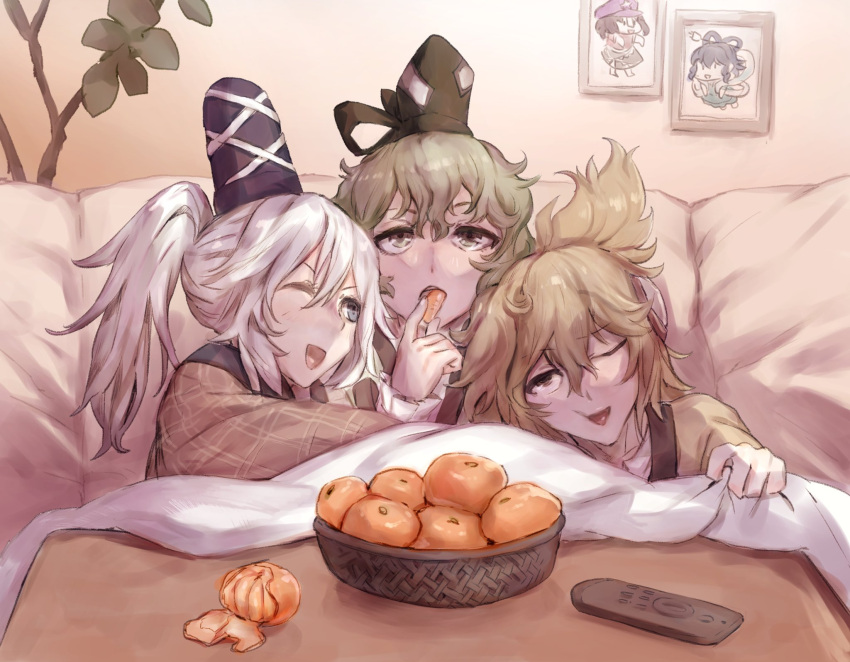 3girls ;d bangs basket black_headwear black_ribbon blonde_hair blue_eyes commentary_request controller food fruit green_eyes green_hair hair_between_eyes hair_ribbon hand_up hat highres holding holding_food indoors kaku_seiga long_hair looking_at_another miyako_yoshika multiple_girls one_eye_closed open_mouth orange orange_slice picture_frame pointy_hair remote_control ribbon senmuts short_hair silver_hair smile tate_eboshi touhou upper_body v-shaped_eyebrows