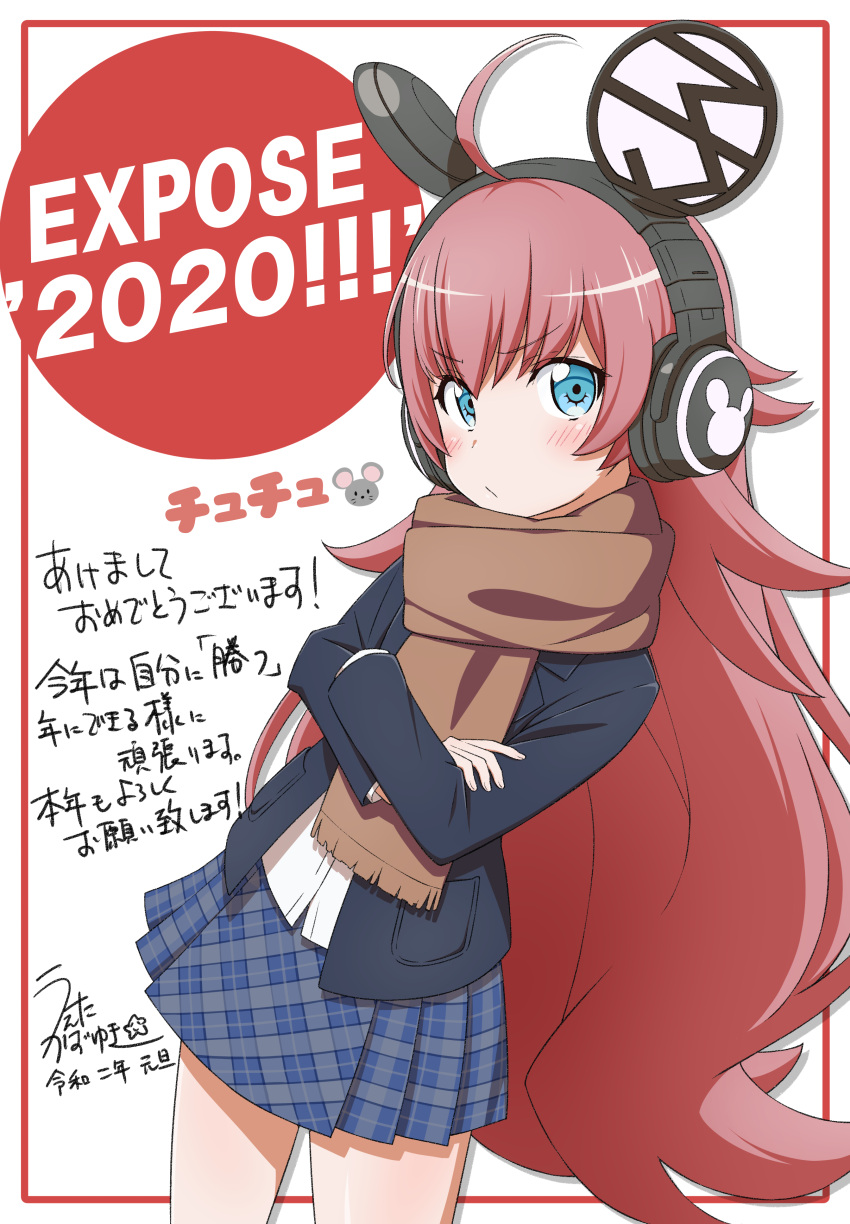 1girl 2020 absurdres ahoge akeome animal_ear_headphones animal_ears bang_dream! bangs black_jacket blazer blue_eyes blue_skirt blush brown_scarf character_name chinese_zodiac chu2_(bang_dream!) commentary_request crossed_arms happy_new_year headphones highres jacket long_hair long_sleeves looking_at_viewer miniskirt mouse_ears new_year plaid plaid_skirt pleated_skirt redhead scarf signature skirt solo translation_request ueda_kazuyuki v-shaped_eyebrows very_long_hair white_background year_of_the_rat