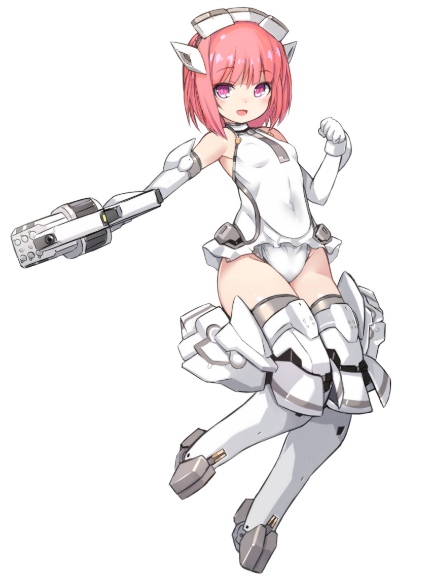 1girl :d aikawa_aika alice_gear_aegis armpit_crease bangs bare_shoulders blush breasts elbow_gloves eyebrows_visible_through_hair full_body gloves grey_legwear groin gun headgear highres holding holding_gun holding_weapon karukan_(monjya) leotard looking_at_viewer mecha_musume open_mouth pink_hair revision simple_background small_breasts smile solo thigh-highs violet_eyes weapon white_background white_gloves white_leotard