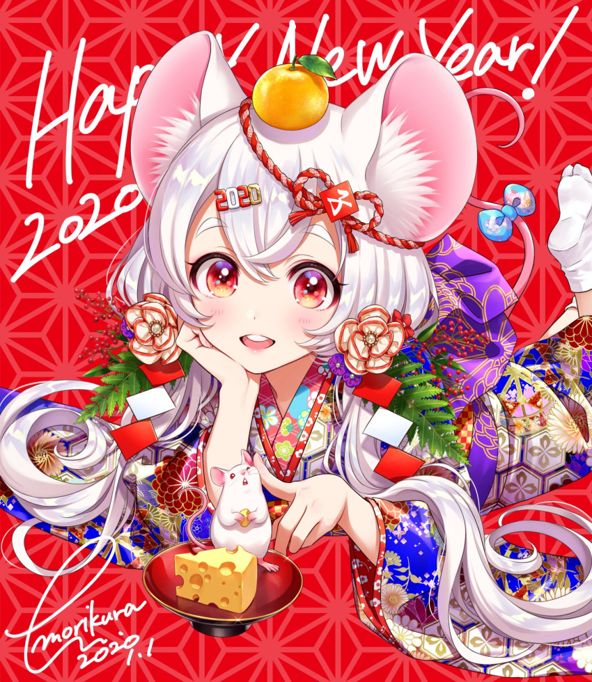 1girl 2020 :d animal_ear_fluff animal_ears bangs blush bow cheese chin_rest chinese_zodiac commentary crossed_bangs dated english_text flower food fruit hair_between_eyes hair_flower hair_ornament hairclip highres japanese_clothes kimono kouhaku_nawa long_hair long_sleeves looking_at_viewer low_twintails lying mandarin_orange morikura_en mouse mouse_ears mouse_tail new_year on_stomach open_mouth original petite petting red_background red_eyes short_eyebrows signature smile snowflake_background socks solo swiss_cheese tabi tail twintails white_footwear white_hair year_of_the_rat yukata