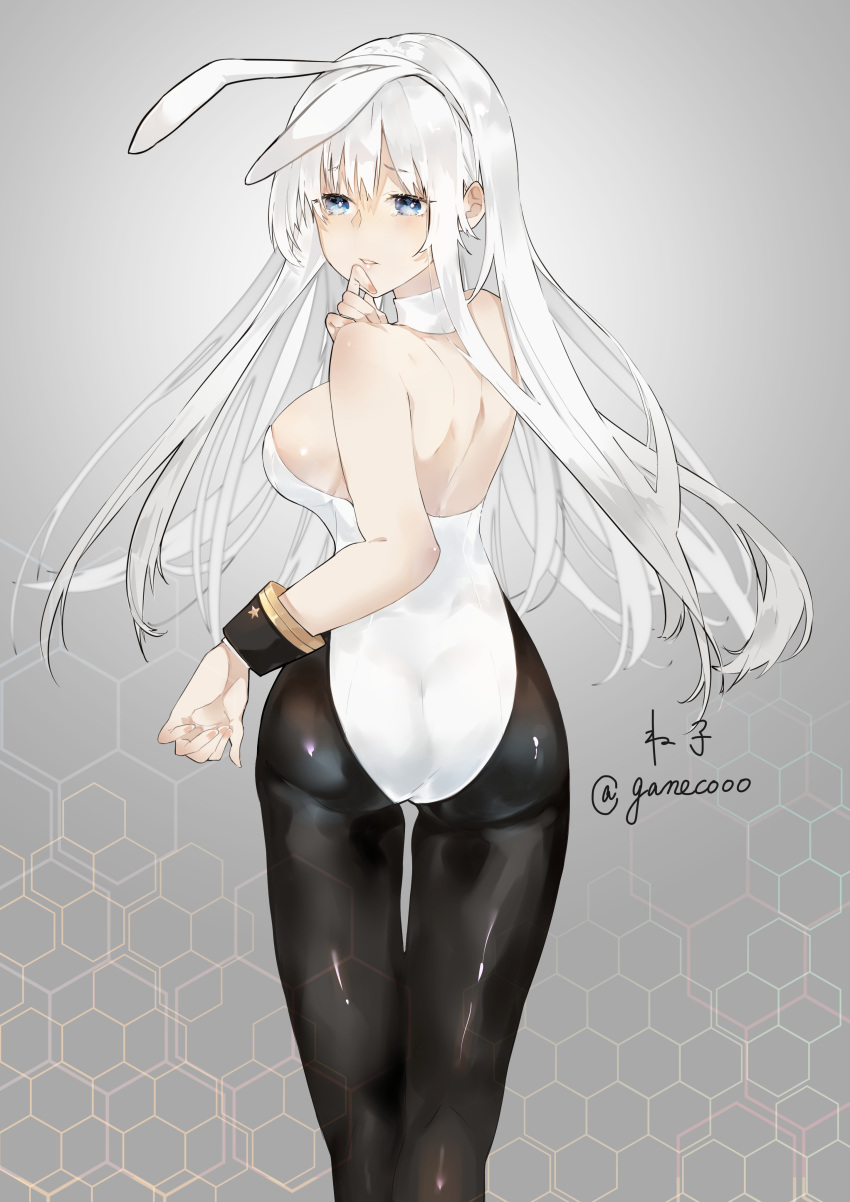 1girl absurdres animal_ears azur_lane bare_back bare_shoulders blue_eyes breasts bunnysuit enterprise_(azur_lane) highres large_breasts long_hair nello_(luminous_darkness) rabbit_ears sideboob solo thigh-highs white_hair wrist_cuffs