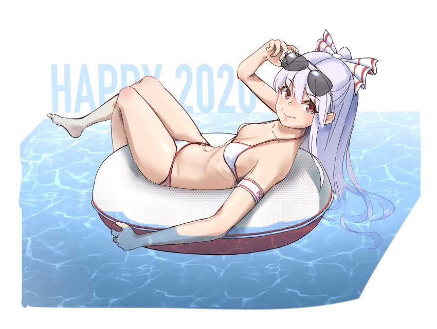 1girl 2020 adjusting_eyewear arm_up armband bangs bare_arms bare_legs bare_shoulders barefoot bikini bow breasts collarbone commentary_request eyebrows_visible_through_hair fujiwara_no_mokou groin hair_between_eyes hair_bow half_updo halterneck highres innertube joeychen long_hair looking_at_viewer navel red_eyes sidelocks silver_hair sitting small_breasts smile solo stomach sunglasses swimsuit thighs touhou water white_background white_bikini white_bow