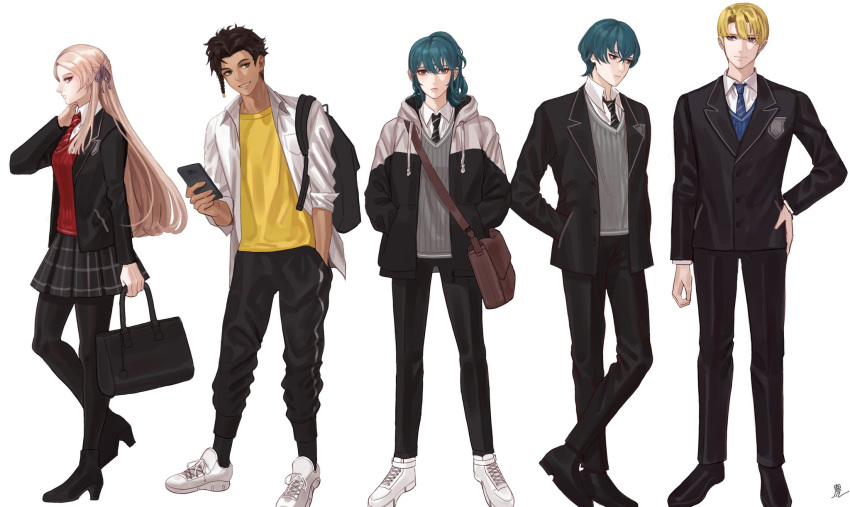 2girls 3boys alternate_costume backpack bag black_legwear blonde_hair blue_eyes blue_hair brown_hair byleth_(fire_emblem) byleth_eisner_(female) byleth_eisner_(male) cellphone claude_von_riegan closed_mouth dark_skin dark_skinned_male dimitri_alexandre_blaiddyd earrings edelgard_von_hresvelg fire_emblem fire_emblem:_three_houses formal from_side green_eyes grin hair_ribbon hand_in_pocket handbag hands_in_pockets high_heels highres holding holding_bag holding_phone hood hood_down jewelry long_hair long_sleeves medium_hair multiple_boys multiple_girls muntjac_art necktie pants phone ribbon school_bag shoes short_hair short_sleeves simple_background skirt smartphone smile suit uniform violet_eyes white_background