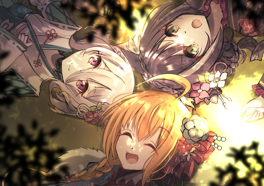 3girls :d ahoge bangs black_flower black_hair black_kimono blue_kimono blurry blurry_foreground braid brown_hair closed_mouth commentary_request crown_braid depth_of_field eyebrows_visible_through_hair floral_print flower frilled_sleeves frills green_eyes hair_between_eyes hair_flower hair_ornament hand_up japanese_clothes kimono kokkoro_(princess_connect!) kyaru_(princess_connect) long_hair long_sleeves lying multicolored_hair multiple_girls nakatokung new_year on_back open_mouth pecorine princess_connect! princess_connect!_re:dive print_kimono red_eyes red_flower ribbon-trimmed_sleeves ribbon_trim sleeves_past_wrists smile streaked_hair white_flower white_hair wide_sleeves