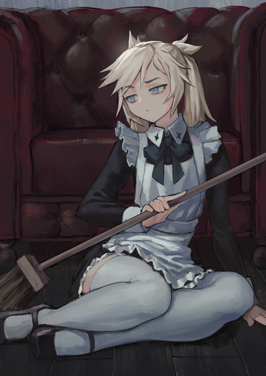 1girl absurdres apron black_dress black_footwear dress expressionless frilled_apron frills grey_eyes highres long_hair long_sleeves maid original platinum_blonde_hair shoes solo thigh-highs vertigris white_apron white_legwear