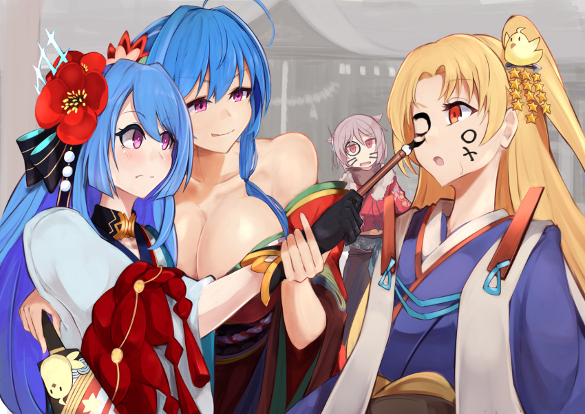 4girls ahoge azur_lane blonde_hair blue_hair blurry breasts calligraphy_brush cleveland_(azur_lane) cleveland_(new_year's_challenge!)_(azur_lane) commentary depth_of_field face_painting facepaint flower fur_scarf furisode hagoita hair_ears hair_flower hair_ornament hanetsuki happy_new_year helena_(azur_lane) helena_(the_blue_bird's_new_year)_(azur_lane) highres japanese_clothes kimono large_breasts long_hair looking_at_another marshall2033 montpelier_(azur_lane) montpelier_(flower_in_the_snowy_night)_(azur_lane) multiple_girls new_year obi off_shoulder one_eye_closed one_side_up paddle paintbrush pink_eyes ponytail red_eyes red_flower red_kimono sash small_breasts st._louis_(azur_lane) st._louis_(tipsy_snow)_(azur_lane) tongue tongue_out wrist_grab yukata