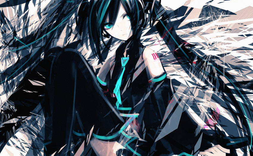 1girl aqua_eyes aqua_hair aqua_neckwear bare_shoulders black_skirt black_sleeves commentary detached_sleeves english_commentary expressionless hatsune_miku headphones highres knees_together_feet_apart knees_up long_hair looking_to_the_side necktie nyakkunn shirt shoulder_tattoo sitting skirt sleeveless sleeveless_shirt solo tattoo thigh-highs twintails very_long_hair vocaloid