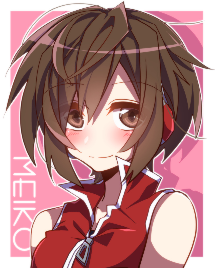 1girl aosaki_yato bare_shoulders blush brown_eyes brown_hair character_name closed_mouth commentary headphones highres jacket looking_at_viewer meiko pink_background red_jacket short_hair smile solo upper_body vocaloid zipper zipper_pull_tab