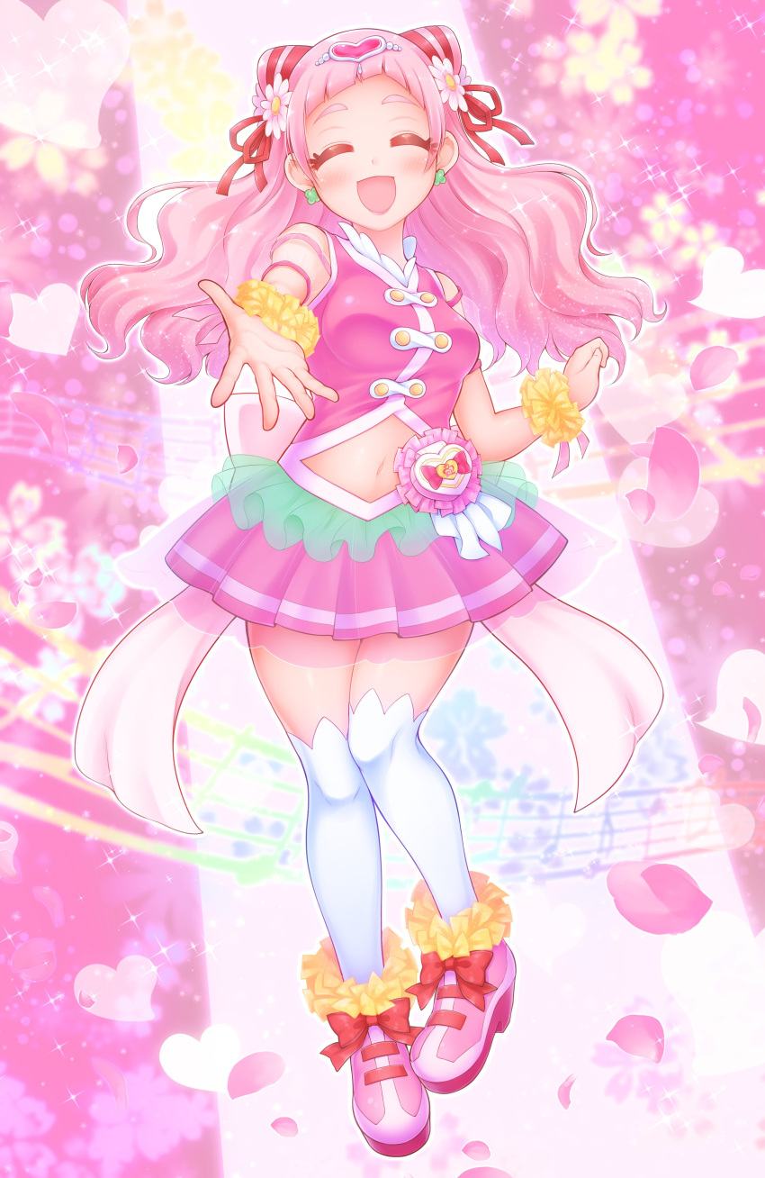 1girl :d absurdres beamed_eighth_notes closed_eyes commentary_request cure_yell dress earrings eighth_note facing_viewer flower frilled_footwear full_body hair_flower hair_ornament heart highres hugtto!_precure jewelry long_hair magical_girl multicolored multicolored_background musical_note nave navel_cutout nono_hana open_mouth petals pink_dress pink_footwear pleated_dress precure quarter_note reaching_out scrunchie sheet_music shoes single_horizontal_stripe sleeveless sleeveless_dress smile solo sparkle standing thigh-highs white_legwear wrist_scrunchie yellow_scrunchie