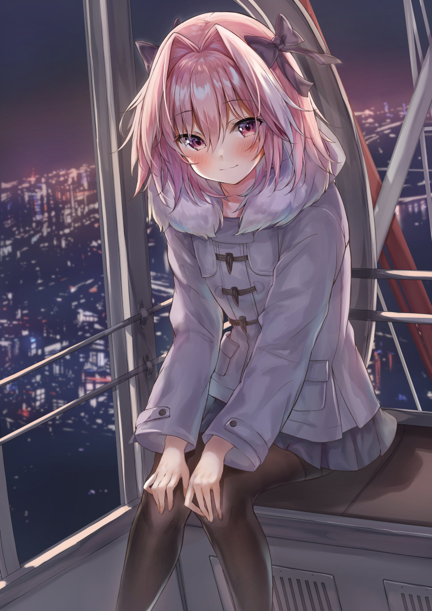 1boy absurdres astolfo_(fate) bangs black_bow black_legwear blush bow city cityscape closed_mouth contemporary eyebrows_visible_through_hair fate/grand_order fate_(series) ferris_wheel fur-trimmed_jacket fur_trim grey_jacket grey_skirt hair_bow hair_intakes hands_on_own_knees highres jacket long_hair long_sleeves looking_at_viewer male_focus miniskirt mochi_nabe multicolored_hair night otoko_no_ko pantyhose pink_hair pleated_skirt sitting skirt solo streaked_hair thighband_pantyhose violet_eyes
