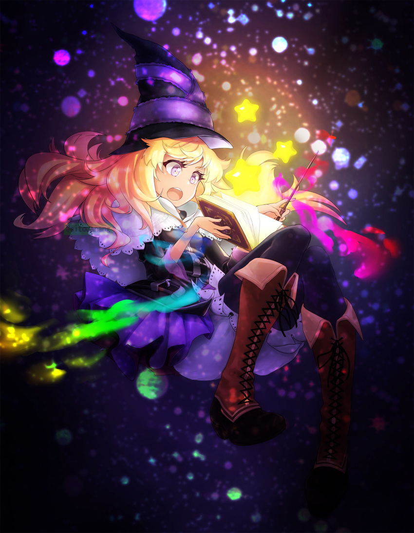1girl black_dress black_legwear blonde_hair book boots brown_footwear capelet cross-laced_footwear dark_background dress full_body grimgrimoire hat highres knee_boots lillet_blan long_hair magic open_book sitouanang sitting solo star twitter_username violet_eyes wand watermark white_capelet witch wizard_hat