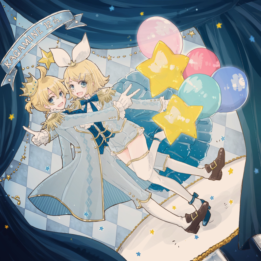 1boy 1girl argyle argyle_background argyle_print balloon bangs blonde_hair blue_eyes blue_pants blue_ribbon blue_shorts bow character_name coat commentary crown curtains dancing dutch_angle epaulettes frilled_cuffs gloves gold_trim hair_bow hair_ornament hairclip highres index_finger_raised kagamine_len kagamine_rin leg_up looking_at_viewer neck_ribbon open_mouth outstretched_arms pants ribbon sakanashi short_hair short_ponytail short_shorts shorts smile spiky_hair star swept_bangs thigh-highs v vocaloid white_bow white_gloves white_legwear