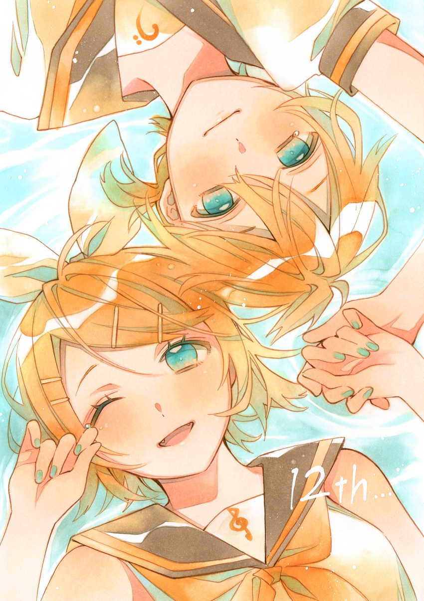 1boy 1girl absurdres afloat aqua_eyes aqua_nails bangs bare_shoulders black_collar blonde_hair bow collar commentary crop_top from_above hair_bow hair_ornament hairclip hand_up highres holding_hands kagamine_len kagamine_rin looking_at_viewer nail_polish neckerchief nidozuke one_eye_closed open_mouth ripples sailor_collar school_uniform shirt short_hair short_sleeves smile spiky_hair swept_bangs symmetry vocaloid water white_bow white_shirt yellow_neckwear