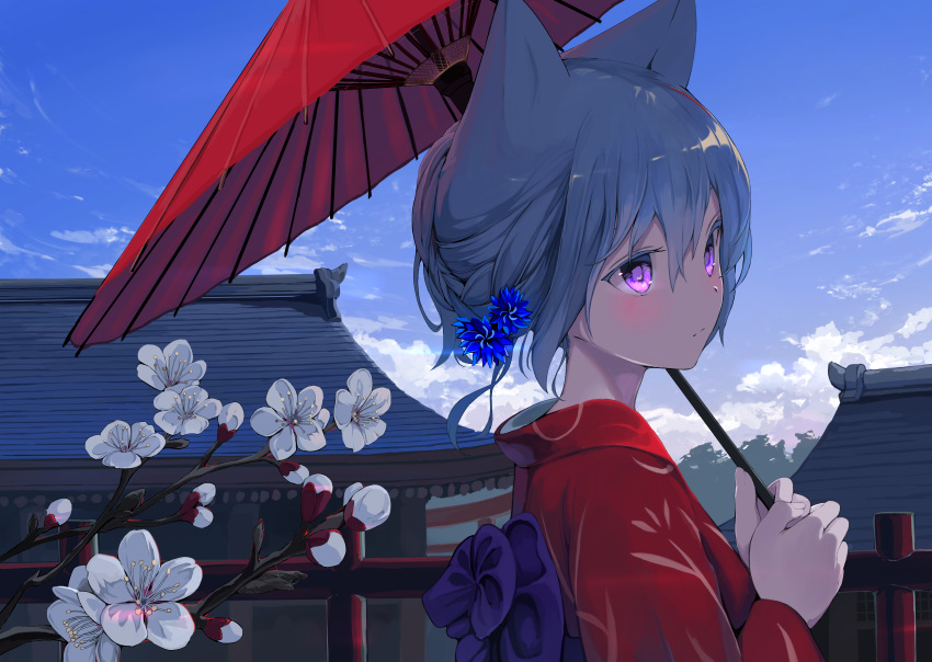 1girl absurdres animal_ears back_bow blue_flower blue_hair blue_sky blush bow building cat_ears cat_girl clouds commentary_request day flower from_side hair_flower hair_ornament highres holding holding_umbrella japanese_clothes kimono long_sleeves looking_afar looking_away mikisai oriental_umbrella original outdoors purple_bow short_hair sky solo umbrella violet_eyes white_flower yukata