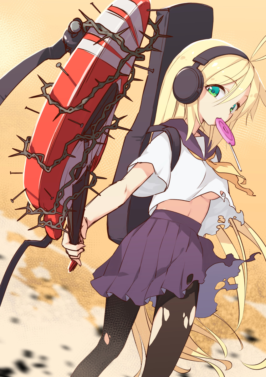 1girl antenna_hair barbed_wire black_legwear blonde_hair breasts candy eyebrows_visible_through_hair food green_eyes guitar guitar_case hair_between_eyes headphones highres instrument instrument_case lollipop long_hair looking_at_viewer medium_breasts mouth_hold nail no_bra pantyhose pleated_skirt purple_sailor_collar purple_skirt sailor_collar shirt skirt smoke solo torn_clothes torn_legwear torn_shirt torn_skirt tsurumaki_maki under_boob very_long_hair voiceroid wind yamadori_enka yellow_background