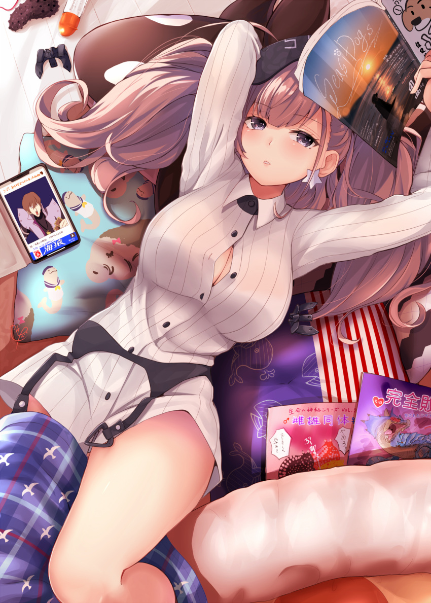1girl atlanta_(kantai_collection) bad_anatomy bad_leg blush book breasts brown_hair buttons commentary_request earrings garrison_cap grey_eyes hat highres holding holding_book jewelry kantai_collection large_breasts long_hair long_sleeves narushima_kanna shirt solo tablet_pc twintails white_shirt