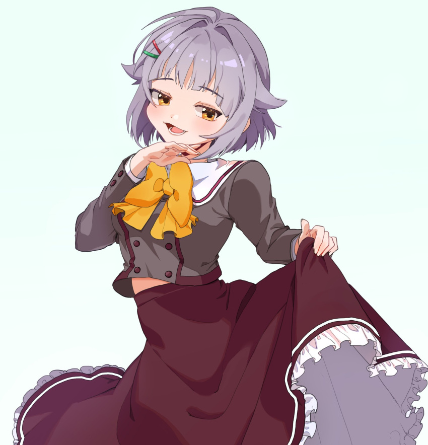 1girl artist_request blush bow eyebrows_visible_through_hair frilled_skirt frills hair_ornament hairclip hand_on_own_chin highres holding_skirt idolmaster idolmaster_cinderella_girls korean_commentary koshimizu_sachiko open_mouth purple_hair red_skirt short_hair simple_background skirt smile solo yellow_eyes