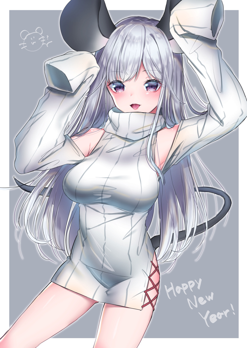 1girl :d ? absurdres animal_ears arms_up ass_visible_through_thighs bare_shoulders blush breasts brown_eyes buta_tamako chinese_zodiac commentary_request grey_background happy_new_year highres huge_filesize large_breasts long_hair long_sleeves looking_at_viewer mouse_ears new_year open_mouth original ribbed_sweater shoulder_cutout silver_hair sleeves_past_fingers sleeves_past_wrists smile solo sweater turtleneck turtleneck_sweater two-tone_background upper_teeth very_long_hair white_background white_sweater year_of_the_rat