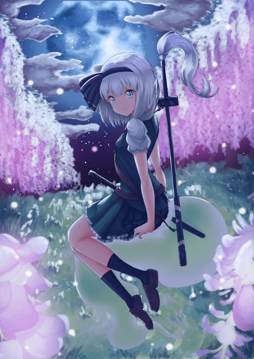 1girl absurdres bangs belt black_belt black_footwear black_hairband black_legwear black_ribbon blue_eyes cherry_blossoms clouds commentary_request full_moon green_skirt green_vest hair_ribbon hairband highres hitodama katana konpaku_youmu konpaku_youmu_(ghost) korean_commentary loafers looking_at_viewer miniskirt moon night night_sky outdoors petticoat pleated_skirt puffy_short_sleeves puffy_sleeves ribbon scabbard sheath sheathed shirt shoes short_hair short_sleeves silver_hair sitting skirt sky smile socks solo sword touhou tuhua_shouluo_(dohwasura) vest weapon white_shirt