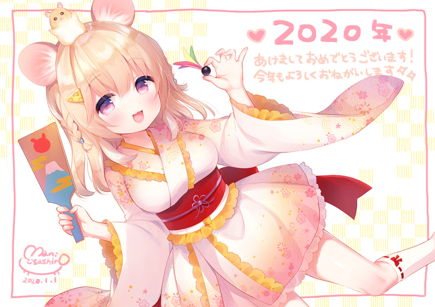 1girl :d animal animal_ears animal_on_head bangs blush braid breasts cheese_hair_ornament chinese_zodiac commentary_request dated eyebrows_visible_through_hair floral_print frilled_kimono frills hagoita hair_between_eyes hair_ornament heart holding japanese_clothes kimono kneehighs light_brown_hair long_hair long_sleeves looking_at_viewer medium_breasts mouse_ears obi on_head open_mouth original paddle print_kimono red_eyes ribbon-trimmed_legwear ribbon_trim sash shuttlecock signature smile solo usashiro_mani white_kimono white_legwear wide_sleeves year_of_the_rat