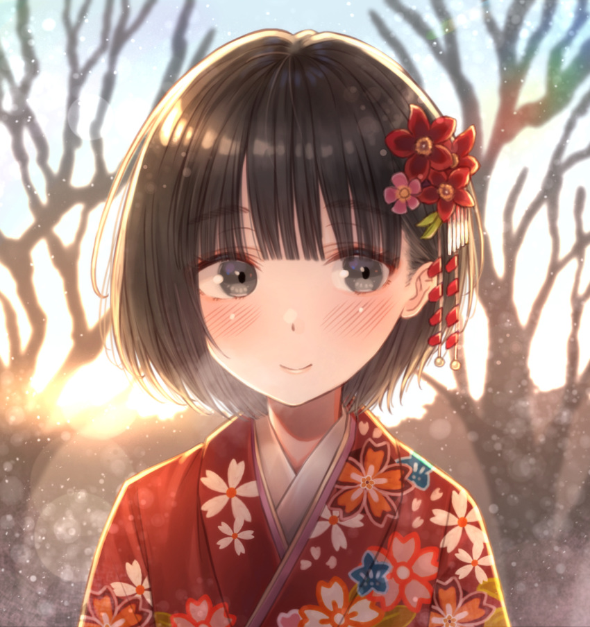 1girl backlighting bangs bare_tree blunt_bangs blurry blurry_background blush bob_cut brown_hair day depth_of_field eyebrows_visible_through_hair facing_viewer floral_print flower grey_eyes hair_flower hair_ornament highres japanese_clothes kimono lens_flare light_particles looking_away original outdoors short_hair smile solo standing sunrise tanbonota46 tree upper_body