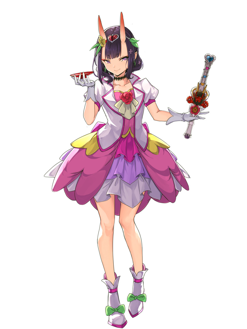 1girl absurdres alba alternate_costume bangs blush breasts choker closed_mouth collarbone cup dress earrings eyeliner fate/grand_order fate_(series) flower full_body gloves headpiece highres horns jewelry looking_at_viewer magical_girl makeup oni oni_horns open_clothes open_shirt pink_dress pointy_ears puffy_short_sleeves puffy_sleeves purple_hair sakazuki scepter shirt short_eyebrows short_hair short_sleeves shuten_douji_(fate/grand_order) simple_background skin-covered_horns small_breasts smile solo violet_eyes white_background white_footwear white_gloves white_shirt