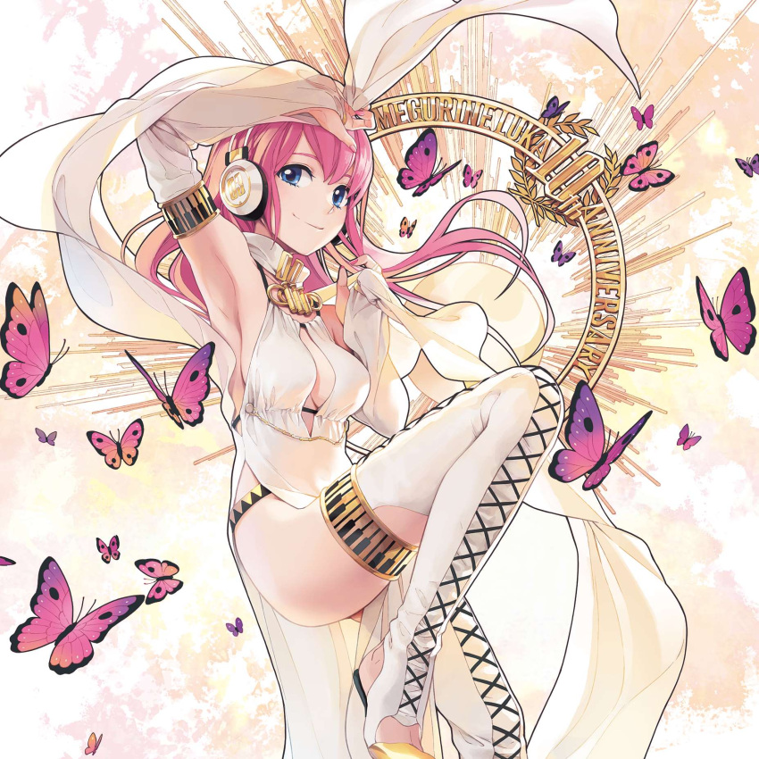 1girl anniversary arm_up armpits bangs blue_eyes boots breasts bug butterfly character_name commentary dress eyelashes feet_out_of_frame fingernails floating_hair headphones highres insect large_breasts leg_up lena_(zoal) long_hair looking_at_viewer megurine_luka pink_hair pink_nails purple_butterfly smile thigh-highs thigh_boots vocaloid white_dress
