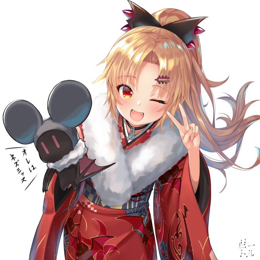1girl ;d akatsuki_yuni animal_print bangs bat_print bettle_(b_s_a_n) blonde_hair fangs fur_trim furisode hair_ornament hairclip highres japanese_clothes jewelry kimono long_hair looking_at_viewer necklace new_year one_eye_closed open_mouth parted_bangs red_eyes simple_background smile solo uni_channel v very_long_hair virtual_youtuber white_background wide_sleeves