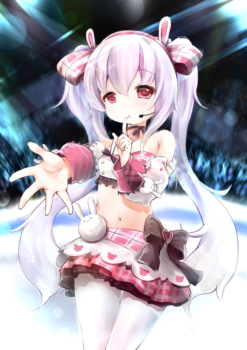 1girl absurdres animal_ears azur_lane bangs black_bow bow breasts collarbone commentary_request detached_sleeves eyebrows_visible_through_hair hair_between_eyes hair_bow hairband hand_up headset heart highres index_finger_raised laffey_(azur_lane) long_hair long_sleeves maru_shion midriff navel pantyhose parted_lips pink_hair plaid plaid_bow plaid_skirt pleated_skirt rabbit_ears red_bow red_eyes red_hairband red_skirt revision shirt silver_hair single_strap skirt small_breasts solo twintails very_long_hair white_legwear white_shirt white_sleeves