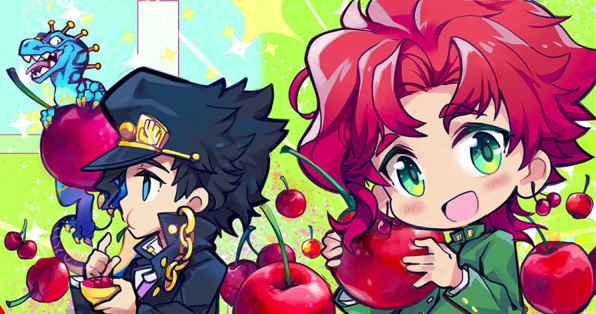 2boys chain cherry chibi dinosaur earrings eating food fruit gakuran green_eyes hat jewelry jojo_no_kimyou_na_bouken kakyouin_noriaki kuujou_joutarou long_coat multiple_boys redhead scary_monsters_(stand) school_uniform sebychu stand_(jojo) stardust_crusaders steel_ball_run