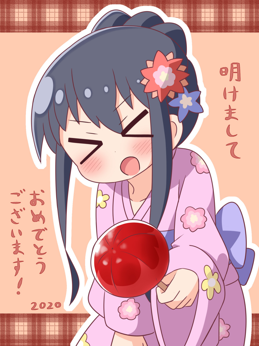 &gt;_&lt; 1girl 2020 :d bangs black_hair blue_bow blue_flower blush bow brown_background candy_apple closed_eyes eyebrows_visible_through_hair facing_viewer floral_print flower food hair_between_eyes hair_flower hair_ornament hana_kazari highres holding holding_food japanese_clothes kimono leaning_forward long_sleeves obi open_mouth outline pink_kimono print_kimono red_flower sash shirosaki_hana sidelocks sleeves_past_wrists smile solo translated v-shaped_eyebrows watashi_ni_tenshi_ga_maiorita! white_outline wide_sleeves xd