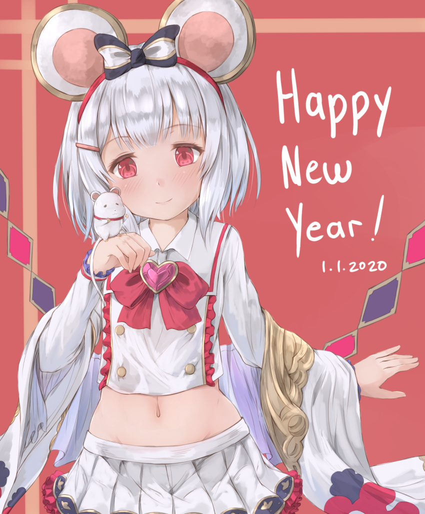 1girl animal animal_ears animal_on_hand blush bow brown_background chinese_zodiac closed_mouth collared_shirt commentary dated english_commentary frilled_shirt frilled_skirt frilled_sleeves frills granblue_fantasy hair_bow hair_ornament hairclip happy_new_year heart highres hikari_niji long_sleeves midriff mouse mouse_ears navel new_year pleated_skirt red_bow red_eyes shirt silver_hair skirt smile solo striped striped_bow vikala_(granblue_fantasy) white_shirt white_skirt year_of_the_rat