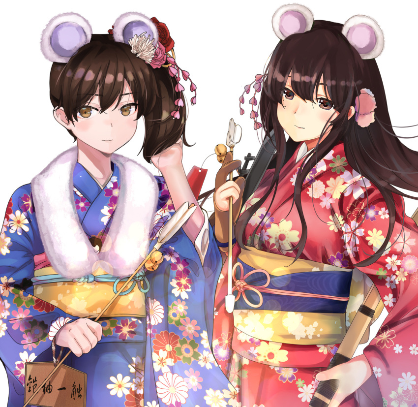 2020 2girls akagi_(kantai_collection) alternate_costume animal_ears arrow blue_kimono bow_(weapon) brown_eyes brown_gloves brown_hair cake_no_shaberu chinese_zodiac fake_animal_ears floral_print flower gloves hair_flower hair_ornament hamaya happy_new_year highres holding holding_arrow holding_bow_(weapon) holding_weapon japanese_clothes kaga_(kantai_collection) kantai_collection kimono long_hair mouse_ears multiple_girls new_year obi partly_fingerless_gloves print_kimono red_kimono sash side_ponytail single_glove straight_hair weapon wide_sleeves year_of_the_rat yugake yumi_(bow)