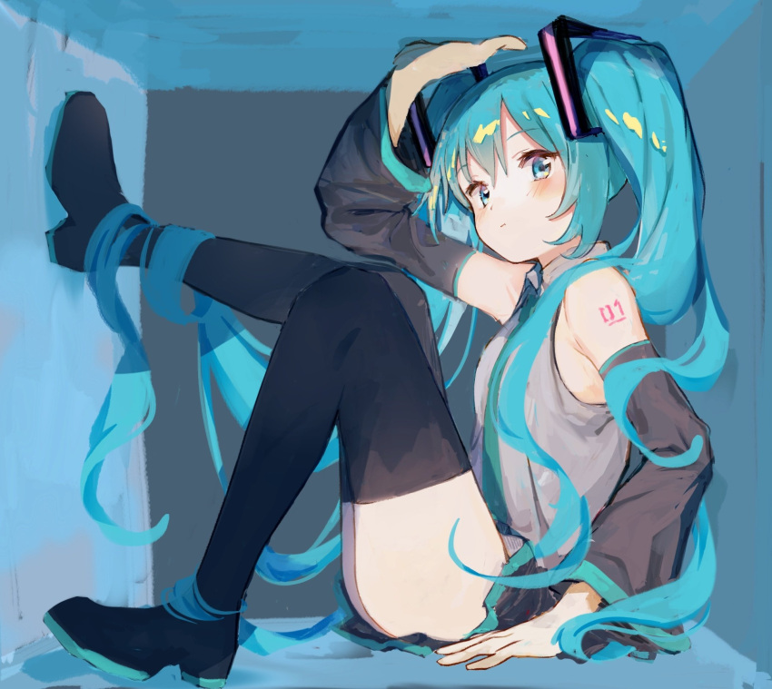 1girl :t against_wall aqua_eyes aqua_hair aqua_neckwear bare_shoulders black_legwear black_skirt black_sleeves blush closed_mouth cramped detached_sleeves expressionless from_side full_body grey_shirt hair_ornament hand_up hatsune_miku highres knee_up leg_up long_hair looking_at_viewer miniskirt necktie nprmtp shirt shoulder_tattoo skirt sleeveless sleeveless_shirt solo tattoo thigh-highs twintails very_long_hair vocaloid