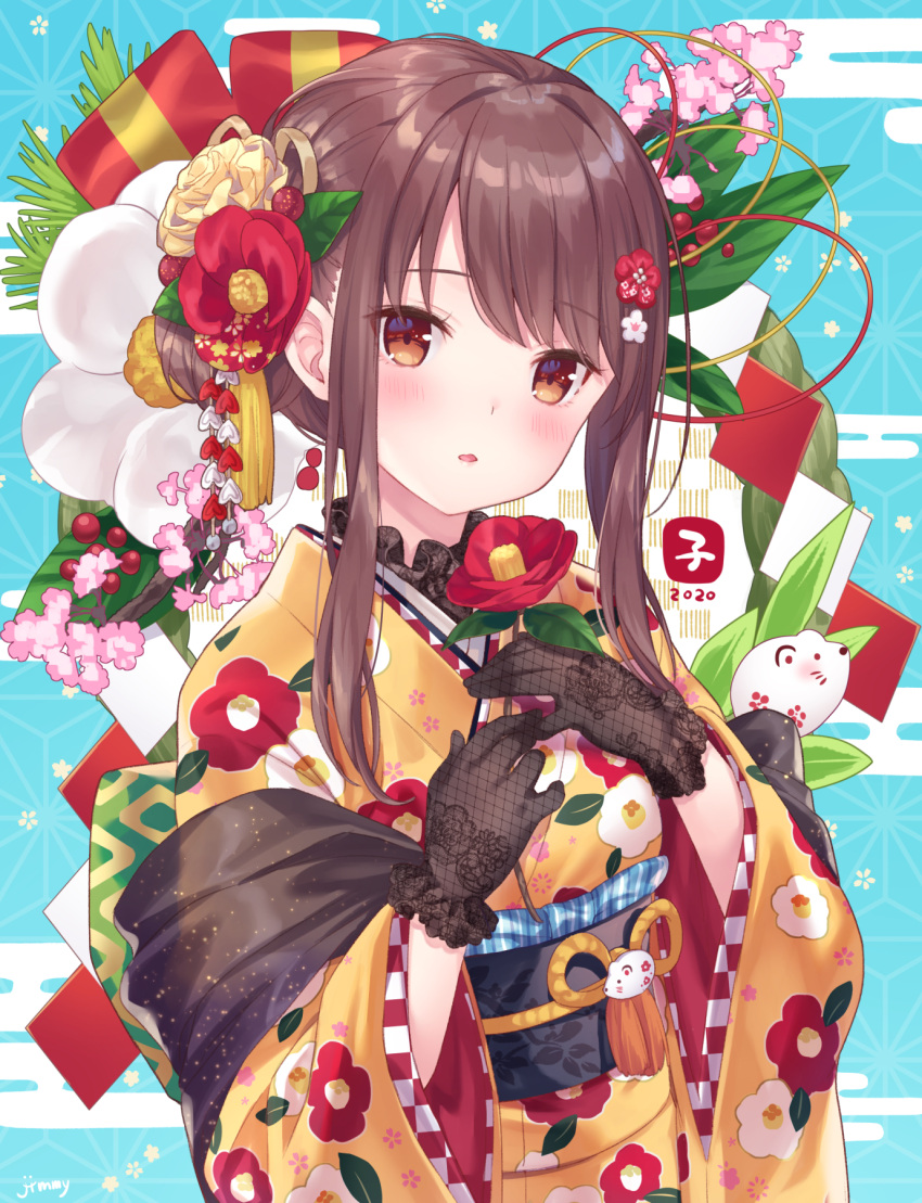 1girl bangs black_gloves blush brown_eyes brown_hair commentary_request eyebrows_visible_through_hair floral_print flower gloves hair_bun hair_flower hair_ornament happy_new_year highres holding holding_flower japanese_clothes jimmy kimono long_hair looking_at_viewer new_year obi open_mouth original sash solo swept_bangs wide_sleeves