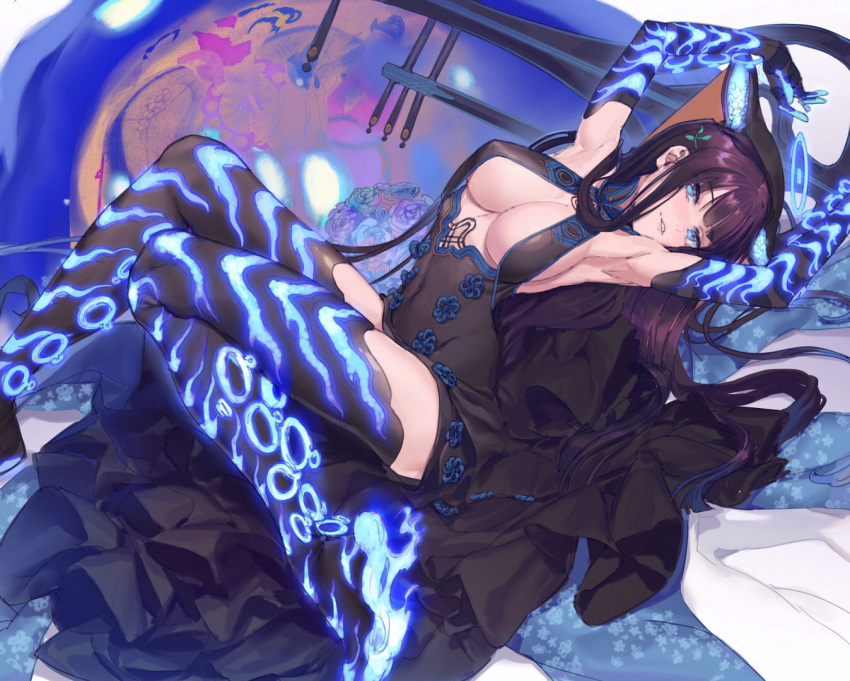 1girl armpits arms_up blue_eyes blue_fire blue_flower blue_rose boots breasts covered_navel elbow_gloves fate/grand_order fate_(series) fire flower gloves hair_ornament large_breasts leaf_hair_ornament long_hair lying micaoz on_back purple_hair rose thigh-highs thigh_boots yang_guifei_(fate/grand_order)