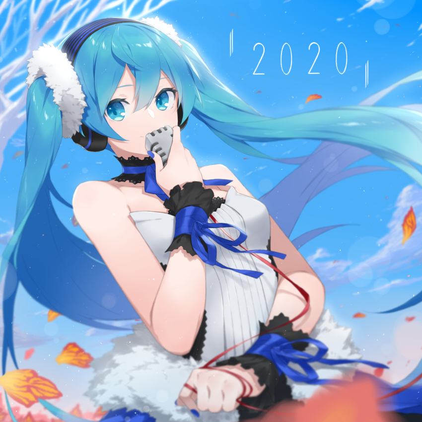 1girl 2020 bangs bare_shoulders blue_eyes blue_hair blue_nails blue_sky blurry blurry_background blurry_foreground breasts commentary depth_of_field english_commentary fhang hair_between_eyes hairband hatsune_miku highres holding holding_microphone long_hair microphone nail_polish shirt sky small_breasts solo strapless striped striped_hairband twintails very_long_hair vocaloid white_shirt wrist_cuffs