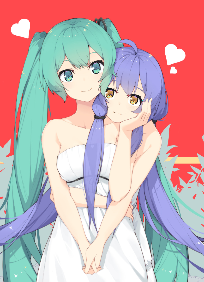 2girls absurdres ahoge aqua_eyes aqua_hair bangs bare_arms bare_shoulders blue_hair closed_mouth collarbone cowboy_shot dress eyebrows_visible_through_hair hand_on_another's_cheek hand_on_another's_face hatsune_miku heart highres holding_hands hug hug_from_behind interlocked_fingers long_hair multiple_girls red_background sidelocks smile strapless strapless_dress twintails very_long_hair vocaloid white_dress xingchen yellow_eyes yuri zhayin-san