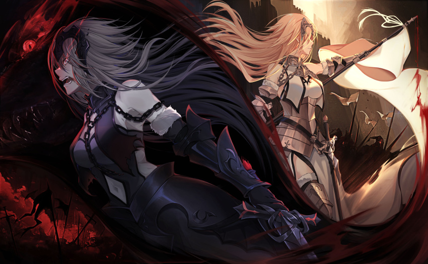 2girls 333_(pixiv8601259) absurdres angry armor armored_dress bangs banner blonde_hair breasts chain fangs fate/apocrypha fate/grand_order fate_(series) faulds flag flower fur_trim gauntlets grey_hair headpiece highres holding holding_sword holding_weapon jeanne_d'arc_(alter)_(fate) jeanne_d'arc_(fate) jeanne_d'arc_(fate)_(all) large_breasts long_hair multiple_girls open_mouth red_eyes standard_bearer sword thigh-highs weapon yellow_eyes
