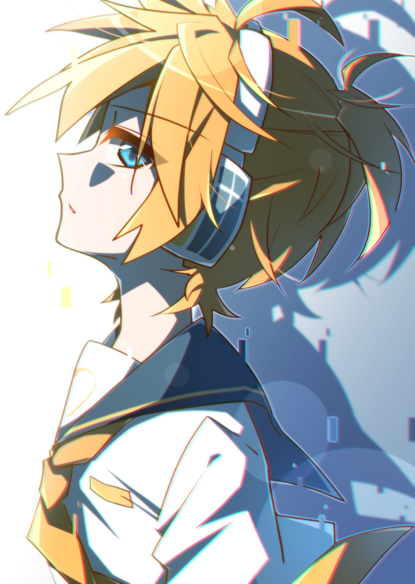 1boy aosaki_yato bass_clef black_collar blonde_hair blue_eyes collar digital_dissolve from_side half-closed_eyes headphones highres kagamine_len looking_at_viewer looking_to_the_side male_focus necktie parted_lips sailor_collar school_uniform shadow short_hair short_ponytail short_sleeves sidelighting spiky_hair upper_body vocaloid yellow_neckwear