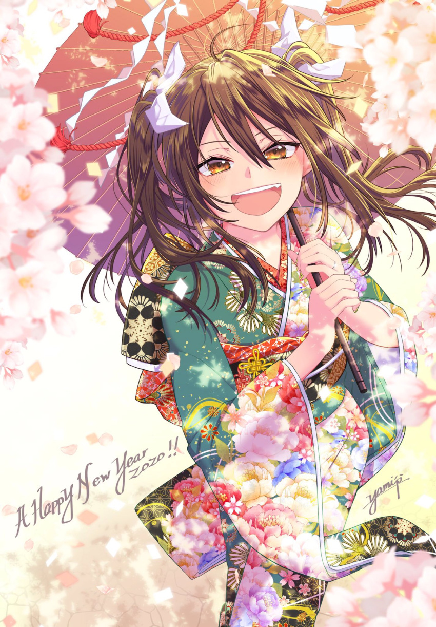 1girl 2020 ahoge alternate_costume bangs blush brown_eyes brown_hair floral_print flower hair_between_eyes hair_ribbon happy_new_year highres holding japanese_clothes jewelry kantai_collection kimono long_hair long_sleeves nail_polish new_year open_mouth oriental_umbrella pink_flower ribbon ring sash signature solo tone_(kantai_collection) twintails umbrella wide_sleeves yami_(m31)